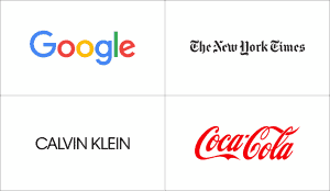 Famous wordmark logos: Google, The New York Times, Calvin Klein, and Coca-Cola.